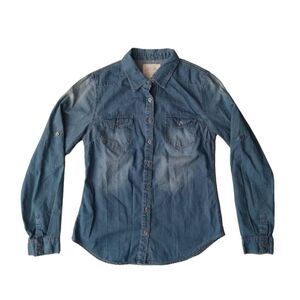 Thread & Supply Blue Roll Tab Long Sleeve Button Down Cotton Denim Shirt Medium